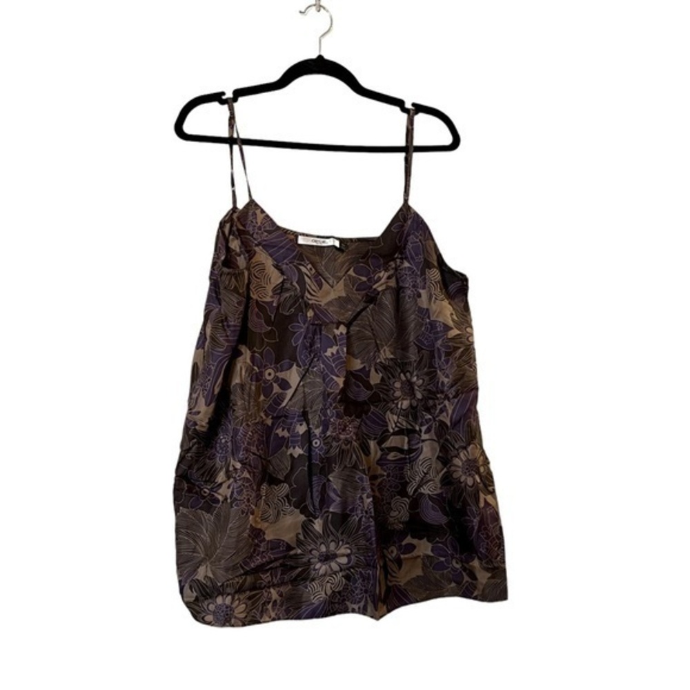 Old Navy Silk Tropical Floral Print Purple & Tan Silk Camisole V-Neck Blouse Top